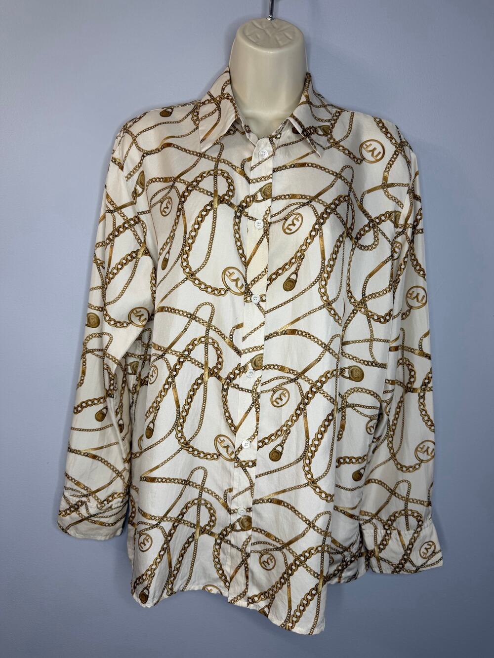 Tell Your Friends Chain Print Silk Button-Up Shirt Women's XS Relax